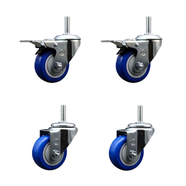 Service Caster 3 Inch Blue Polyurethane Swivel 34 Inch Threaded Stem Caster Set 2 Total Lock Brakes SCC-TSTTL20S314-PPUB-BLUE-34212-2-S2 - main